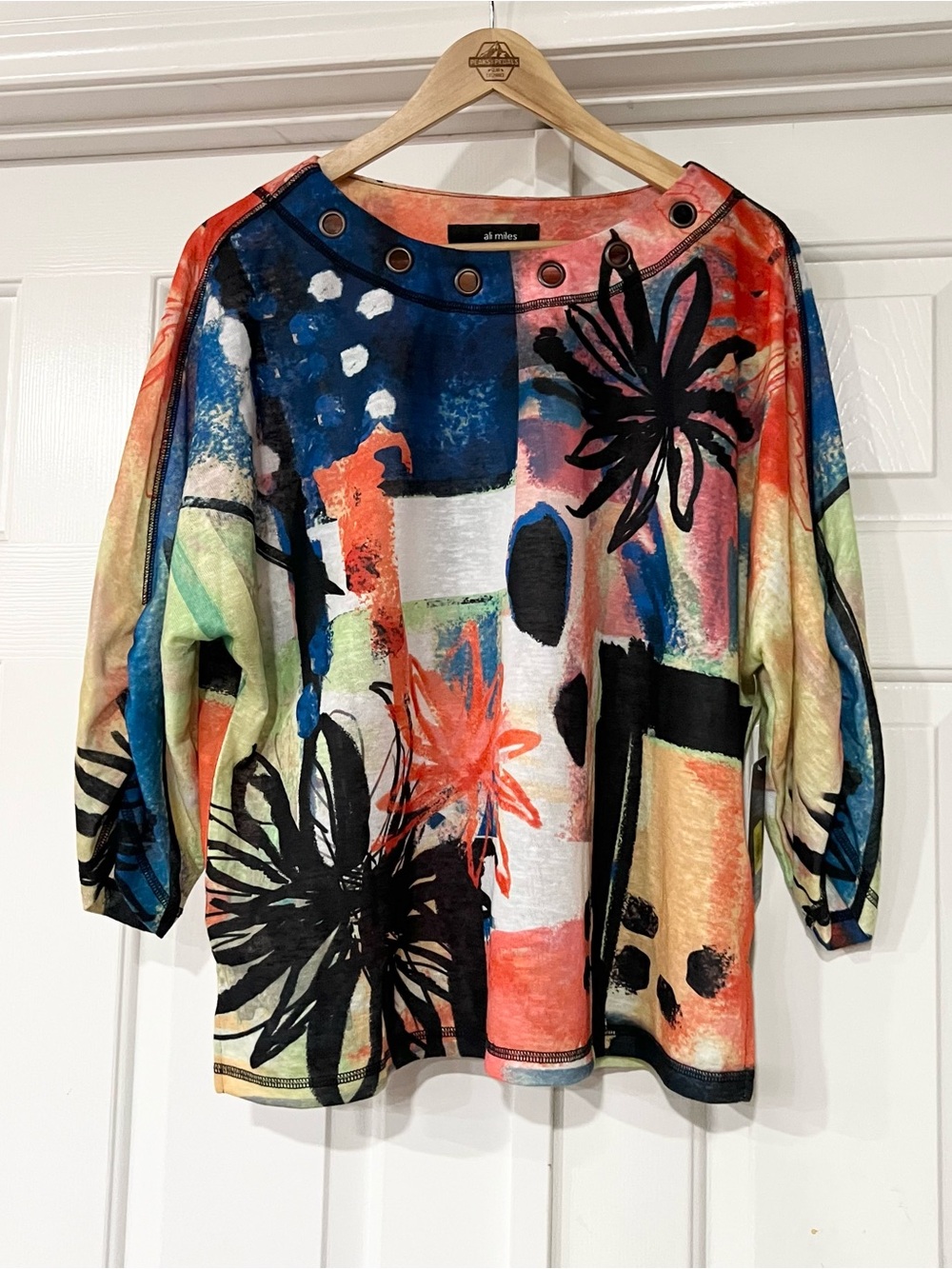Ali Miles | Art to Wear Multicolor Abstract Floral Grommet-Neck Top